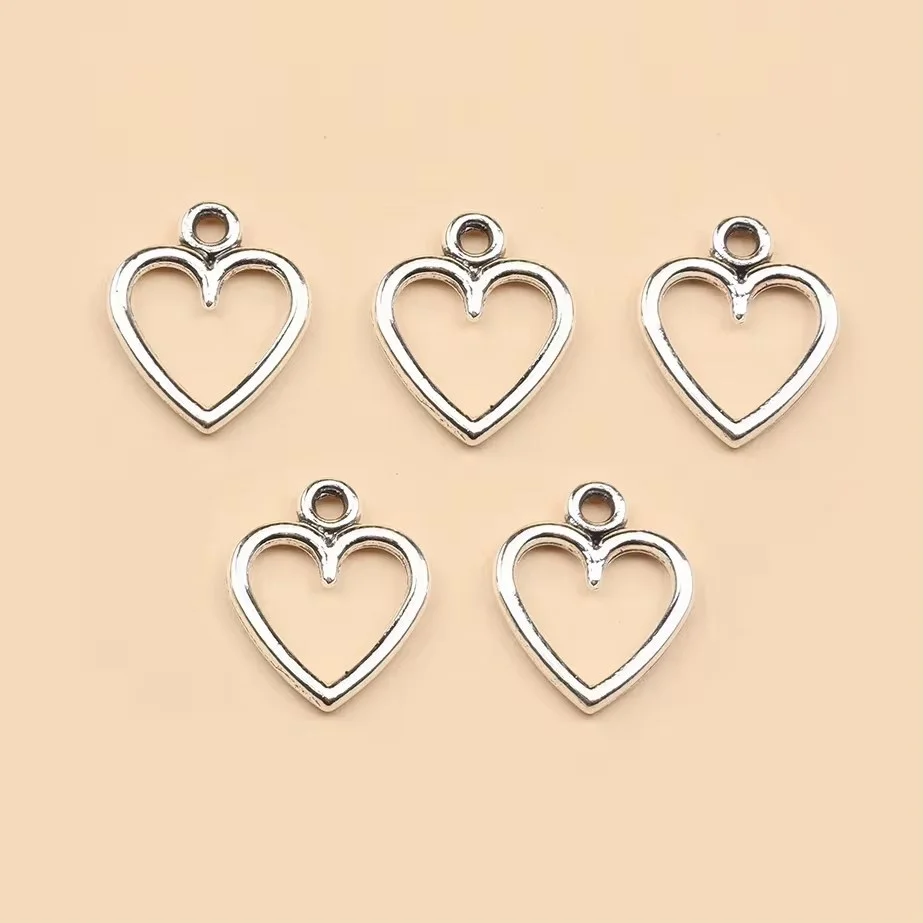 10Pcs Retro Silver Color 12*14MM Hollow Heart Pendant Charm for Necklace Earring Bracelet Making DIY Jewelry Accessory Finding