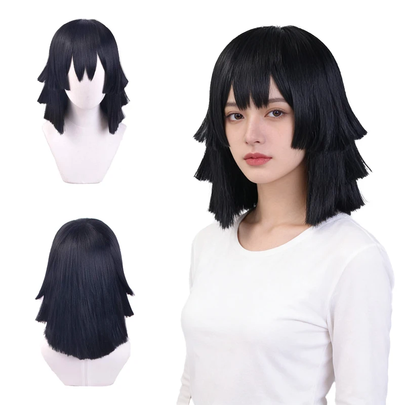 

Anime Obanai Iguro Cosplay Synthetic Short Straight Hair 40cm Black Layered Daily Party Stage Performance Heat-Resistant Wig