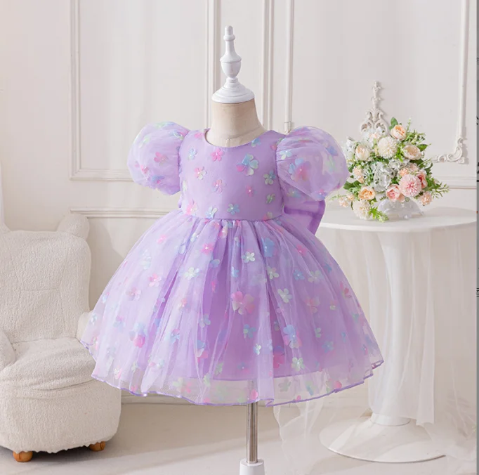 New Baby Girls Infant Summer Purple Bow Dress, Princess Kids Sweet Cute Dress 0-3 T