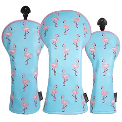 Soft PU Leather Flamingo Printing Golf Club Headcover 3pcs Set Option Driver Fairway Wood Hybrid Covers