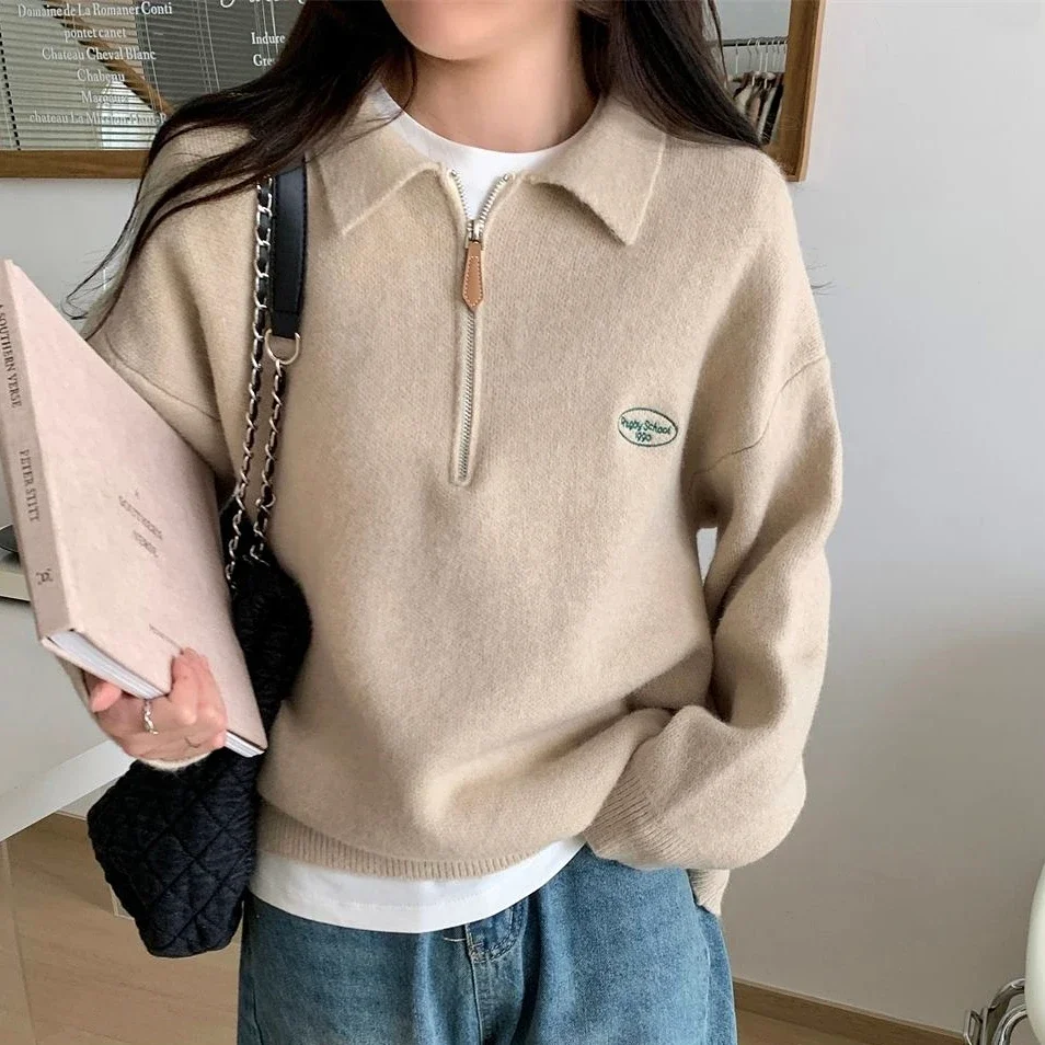 Half Zipper POLO Neck Sweaters Women Girls Vintage Preppy Sweatshirt Jumper Gray Khaki Loose Long Sleeve Pullover Korean Fashion