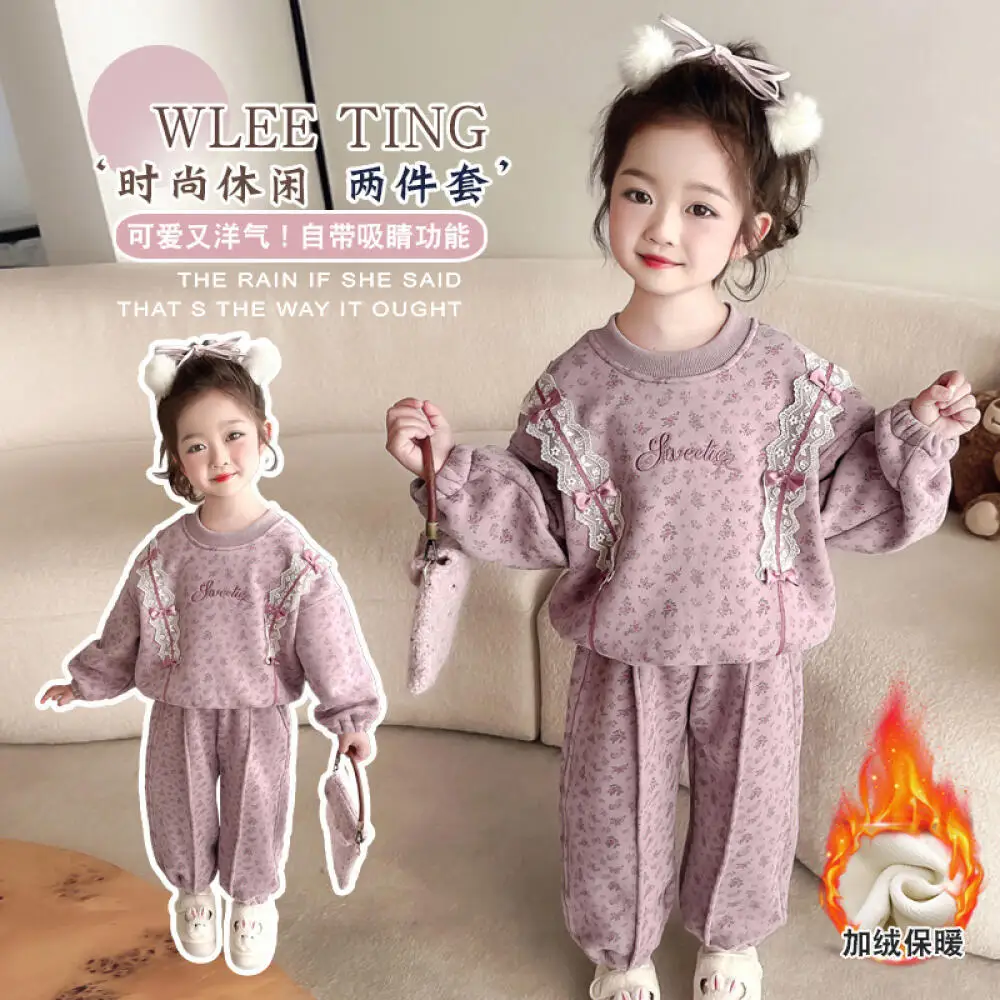 

Kawaii Girl Keep Warm Sports Shirt Tops Pants Set Student Autumn Winter Cartoon Casual Thicken Pullover Long Pants 2-Piece Set
