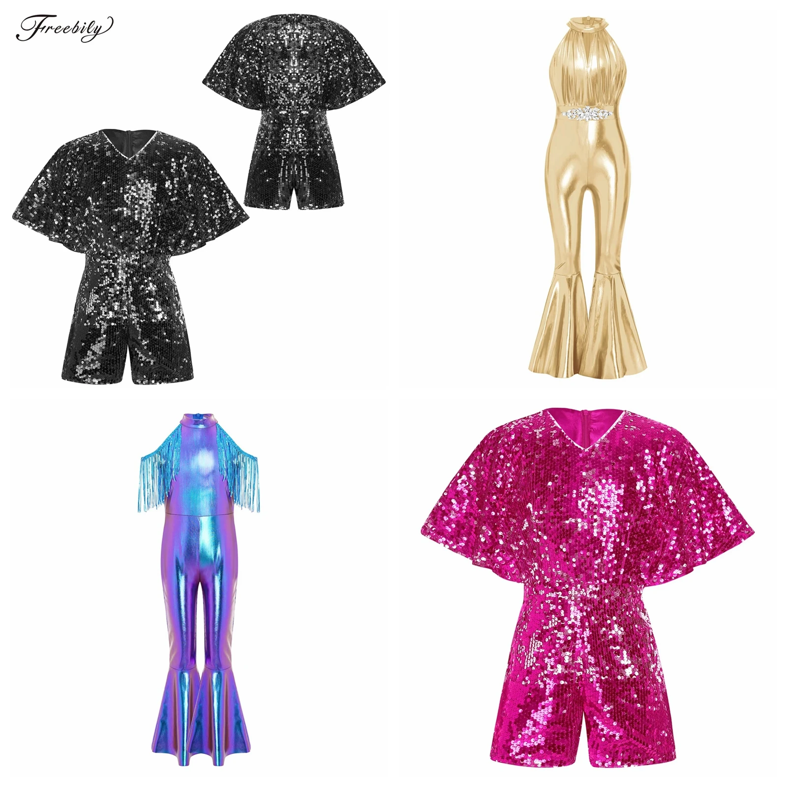 

Kids Girls 70s Disco Unitard Children's Jazz Dance Costume Flares Party Romper Metallic Flared Jumpsuits Performance Dancewear