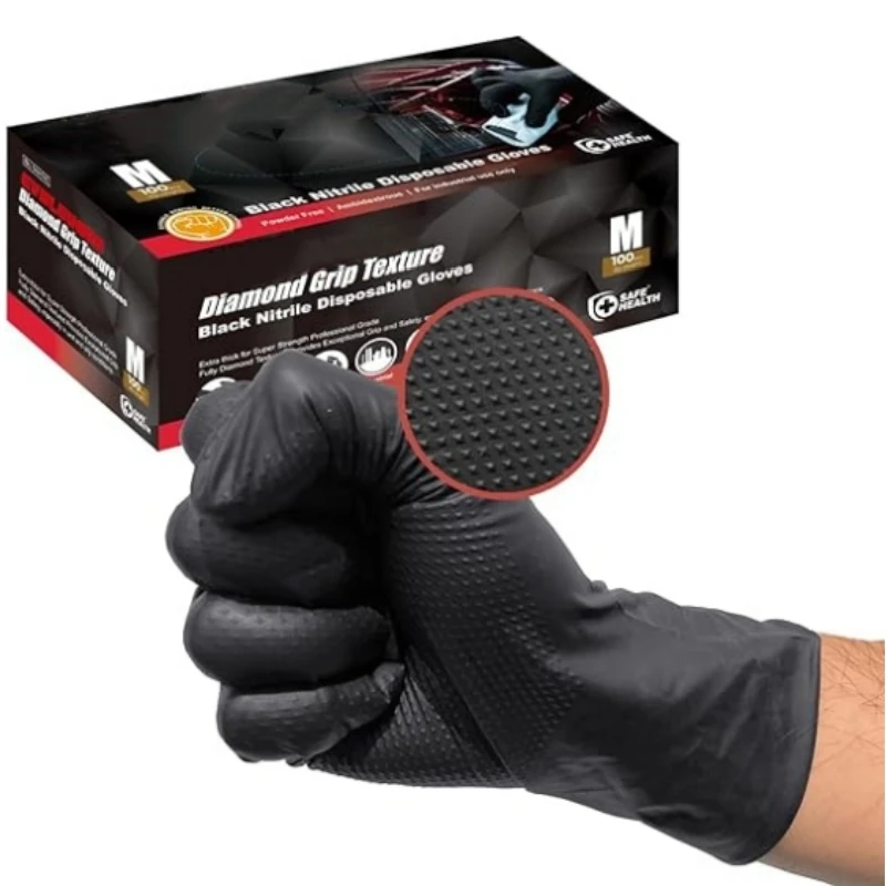 Schwarze Nitril-Handschuhe, Einweg-Mechaniker-Handschuhe ohne 8 mm, latexfrei, für Herren, robuste, diamantstrukturierte Industrie-Mechaniker-Handschuhe – Detail 1