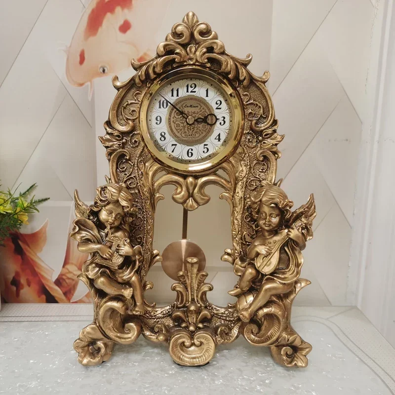 European Luxury Table Clock Antique Bronze Angel Desk Clocks Roman Column Pendulum Clock Study