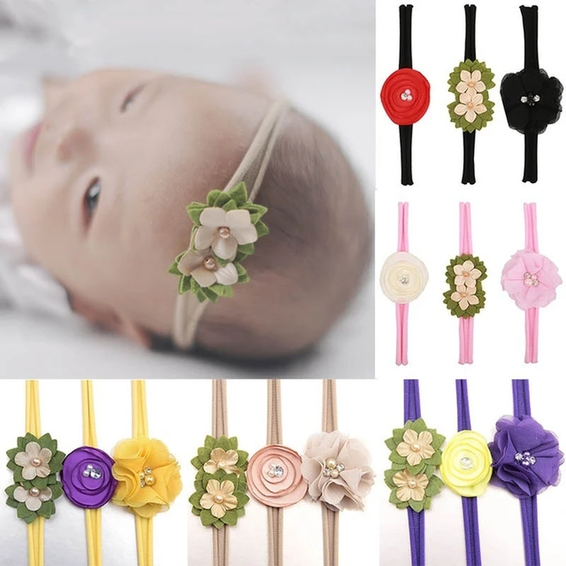 Sale 3Pcs/Set Baby Lovely hair band children High Quality Sweet elastic nylon green Flower Headband Headdress set Headwear Set