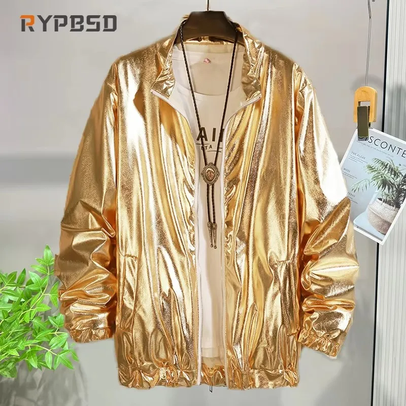 Silver Windbreaker Jacket Men Fashion Autumn Shiny Punk Singer Stage Costume Streetwear Hip Hop Lightweight Bomber Jacket Men