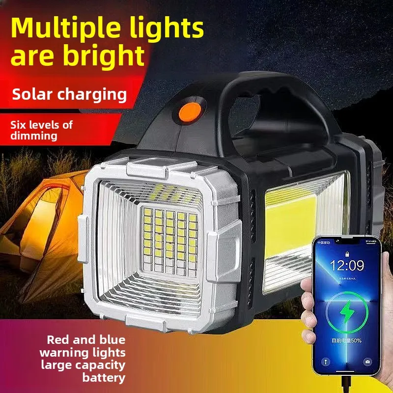 High Power Rechargeable Solar Flashlight Long Range Large Capacity Outdoor Camping Light