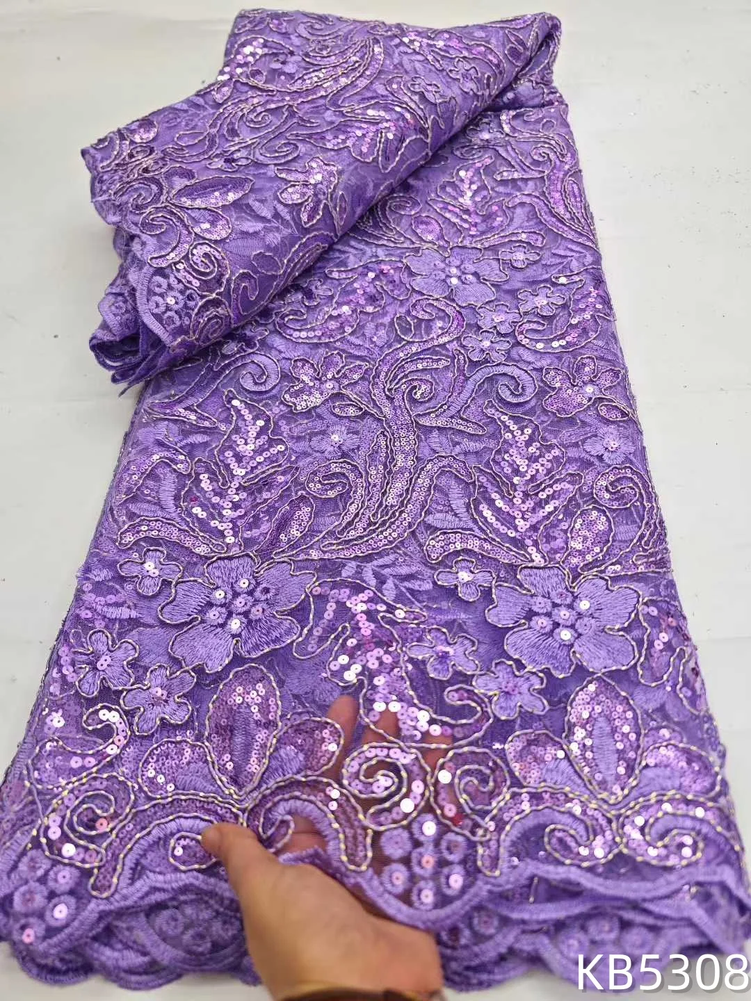 

African Lace Fabric 2026 Purple Lilac Sequins Tulle Lace Fabric Nigeria Fabric Sequence French Mesh Lace For Sewing KB5308