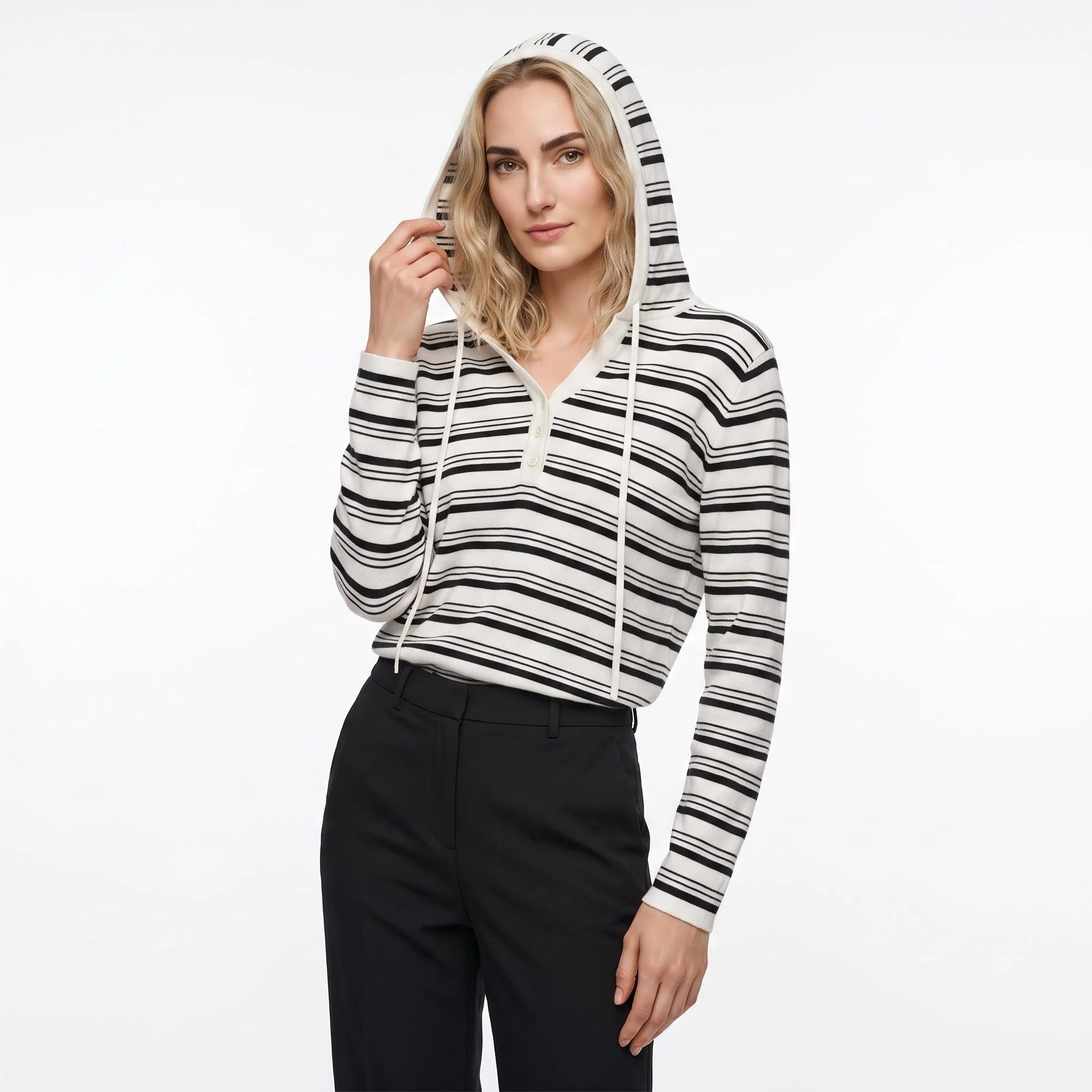 Black White Striped Hooded Drawstring Knit Top Women's Casual Long Sleeve Comfortable Breathable Loose Fit Solid Color T-Shirt
