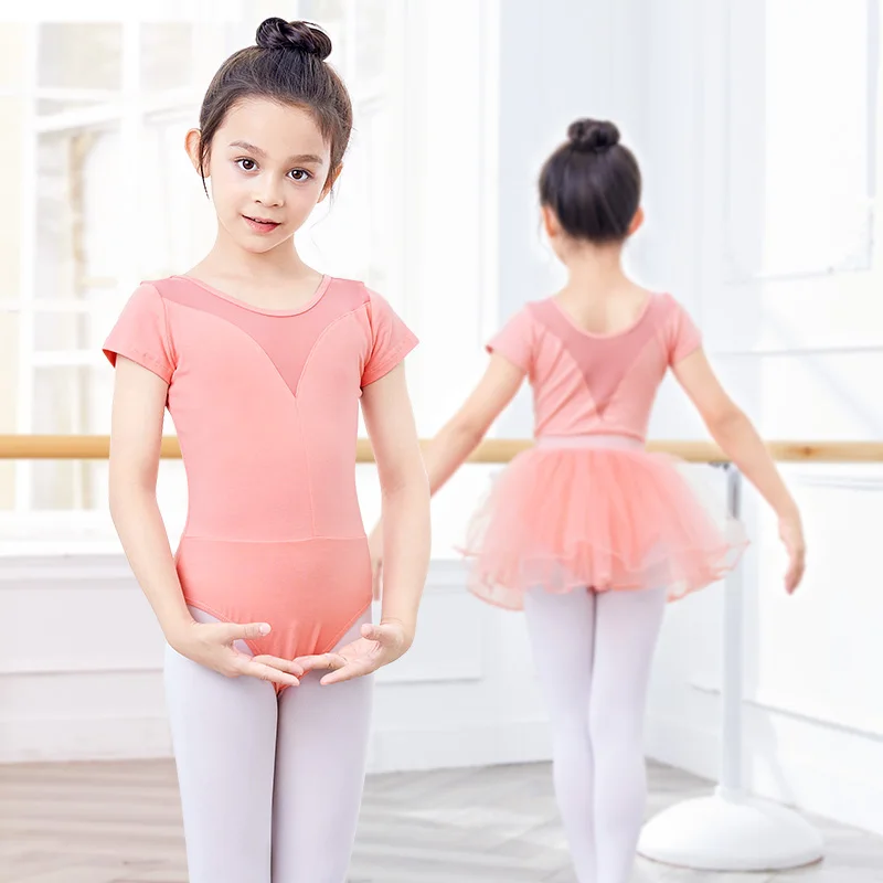 Girls Ballet Leotards Gymnastic Dance Bodysuit Children Dance Leotard Kids Cotton Mesh Splice Short Sleeve Toddler Dance Costume