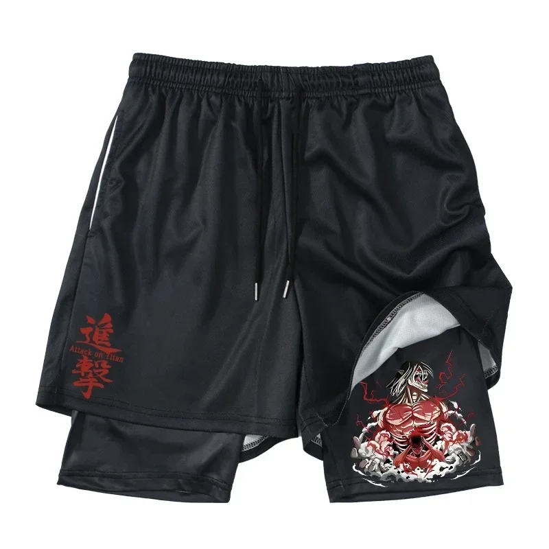 Anime Attack on Titan Pantaloncini da allenamento per palestra 2 in 1 da uomo Pantaloncini a compressione atletica elasticizzata ad asciugatura rapida Fitness Corsa da jogging