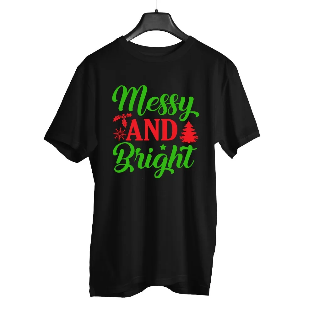 

Christmas T-Shirt Messy & Bright Xmas Slogan Gift Unisex Tee Short Sleeve Tops O-Neck Street Fashion Summer Short-sleeved Shirts
