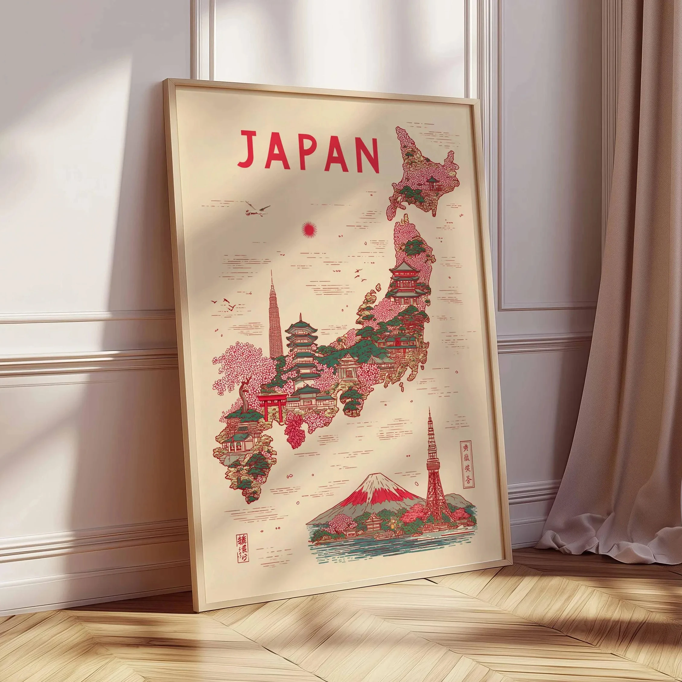 Japan map poster, vintage travel wall decoration, illustrations of Japanese historical sites, home living room decoration.