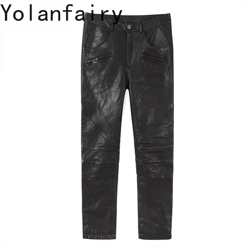 YOLANFAIRY Vegetable-tanned Sheepskin Leather Pants Man Slim-fit Genuine Leather Vintage Pants Tight Casual Windproof Trousers