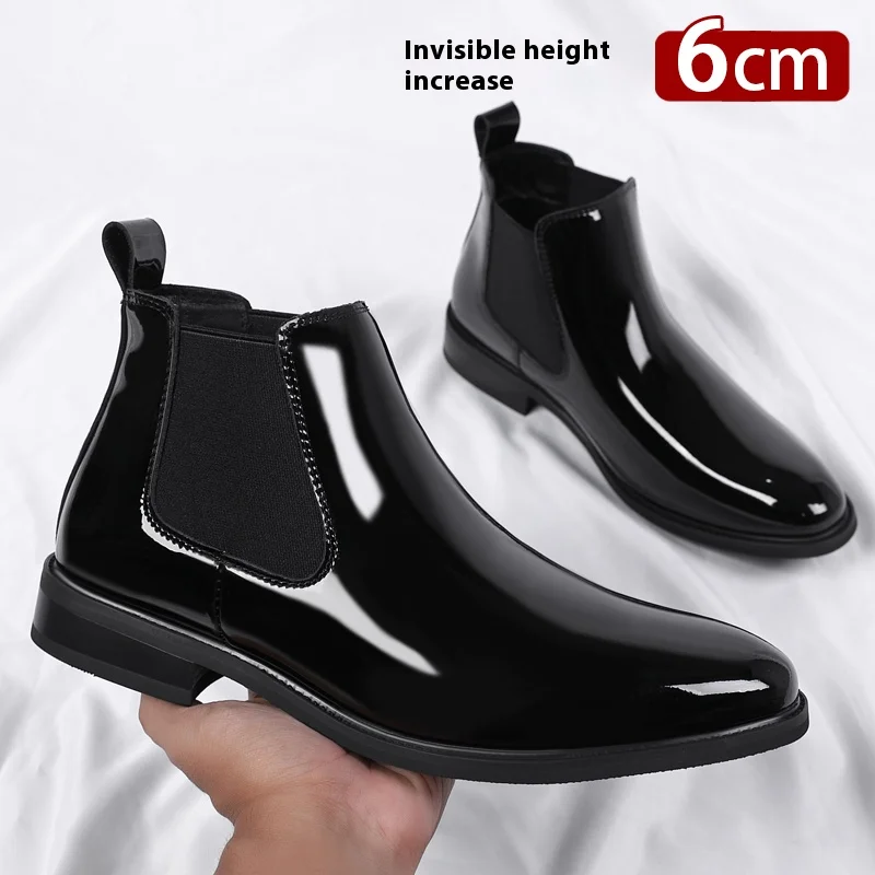 

Мужские блестящие кожаные ботинки, увеличивающие рост, официальная обувь с острым носком, офисные деловые зимние ботинки, зимние хлопковые ботинки «Челси»