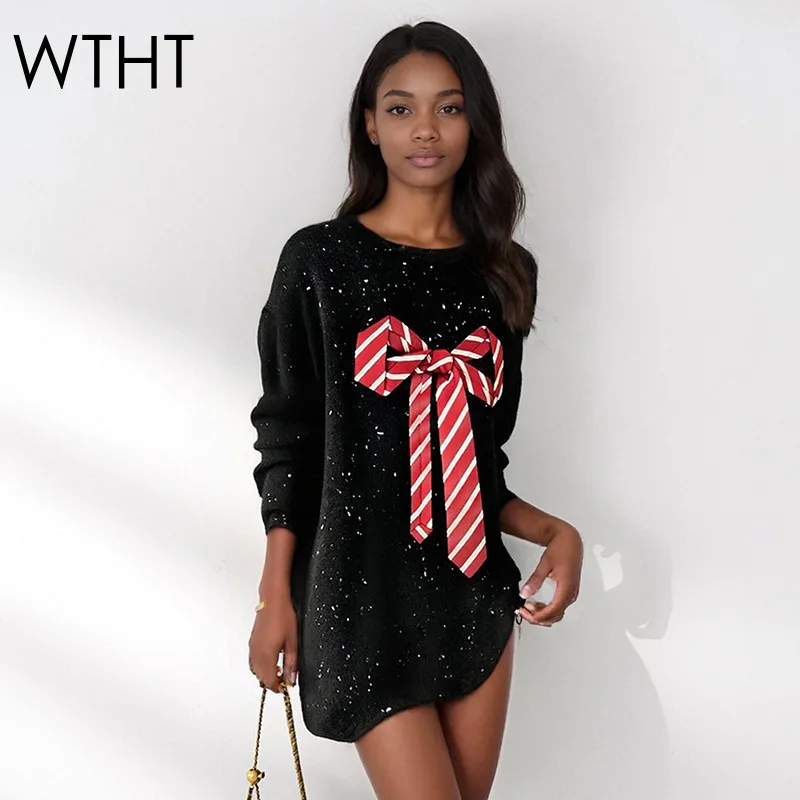 

WTHT модные новые женские полосатые вязаные пуловеры с бантиками, осень 2022, модный свитер с круглым вырезом и длинными рукавами, женский 1LS2558