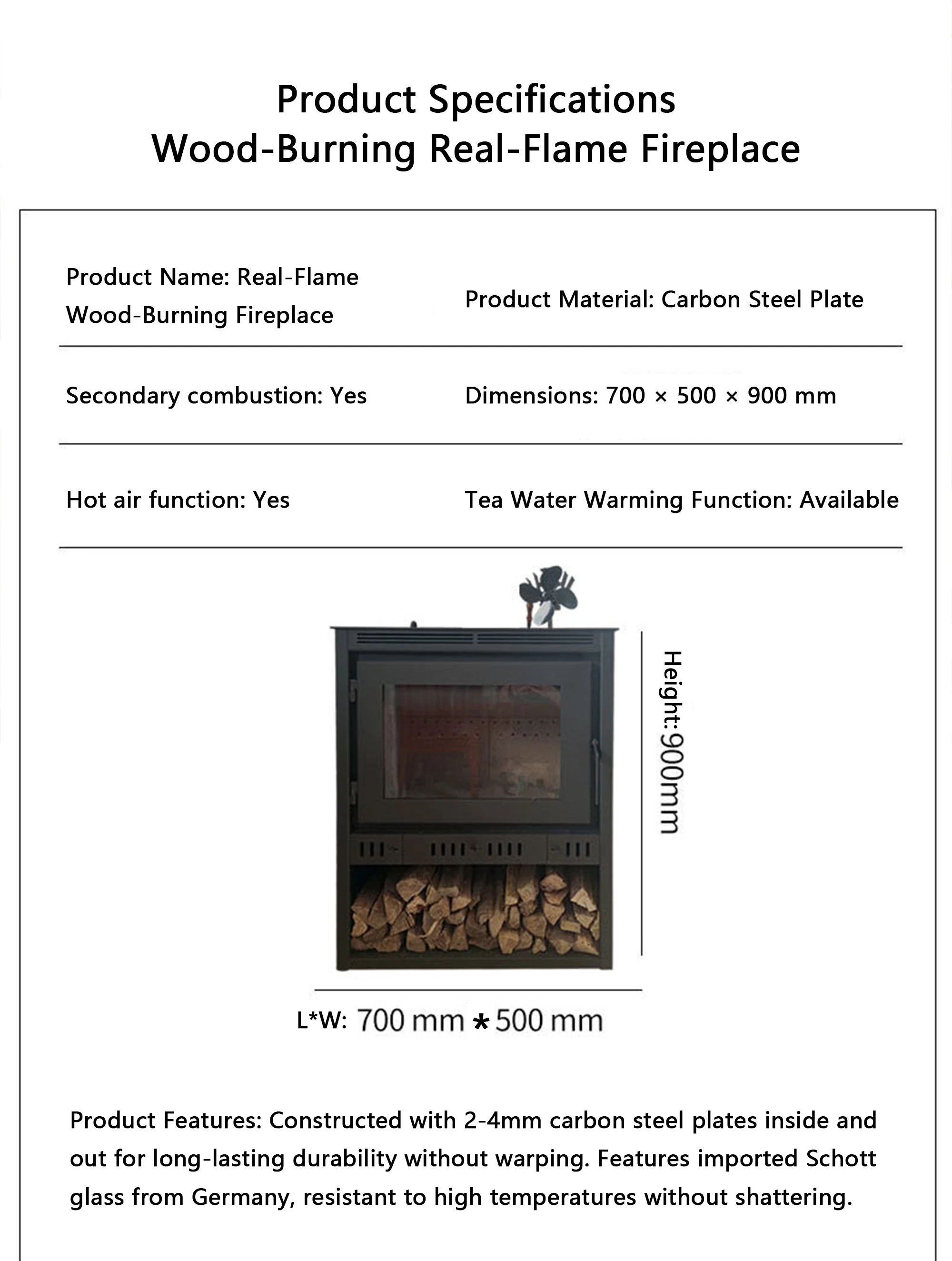 Modern Style Freestanding Indoor Wood-Burning Fireplace Easy Installation Glass Fire Pit with Chimney