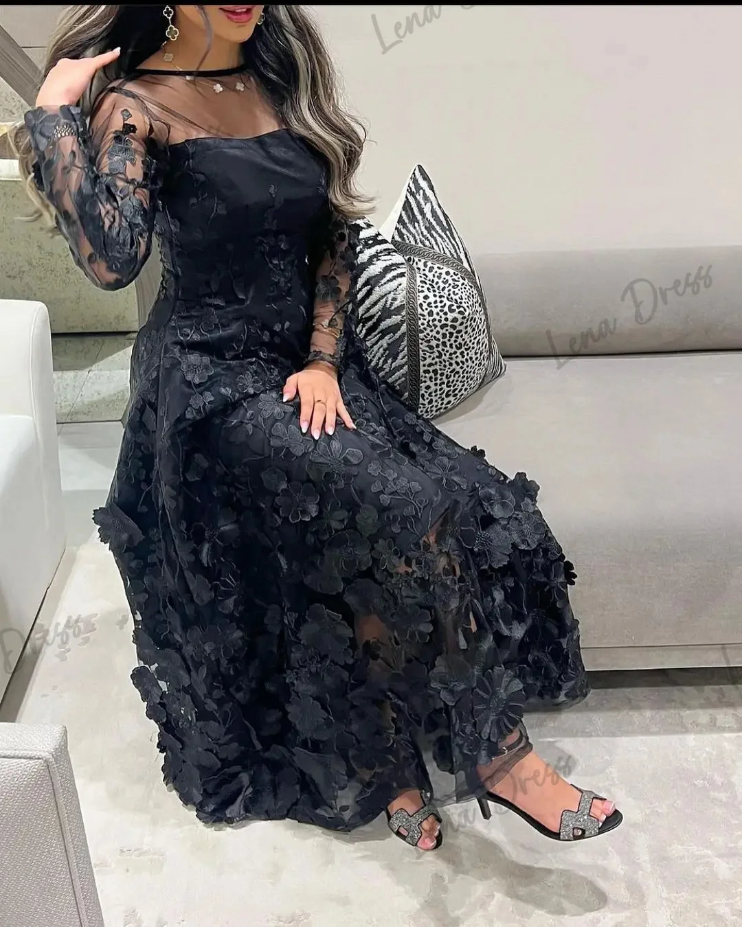 Lena Luxurious Women's Evening Dresses for Special Occasions Long Sleeves Custom Made Elegant Party Dresses Woman Wedding Black