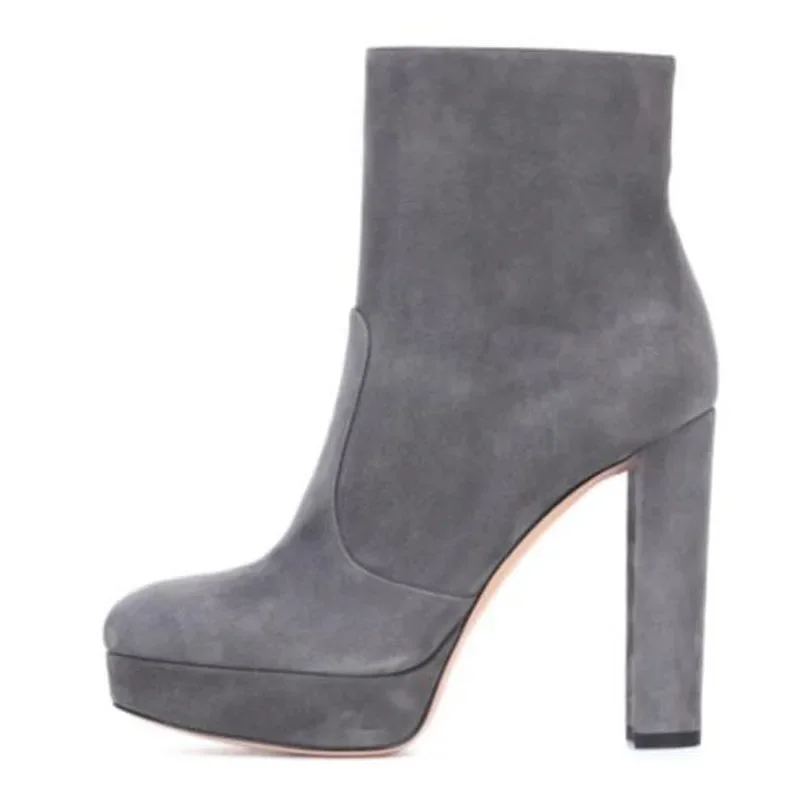 Size 34 Classic Women Grey Black Brown Suede Round Toe Zipper Side Platform Block Heel Ankle Boots Female Patchwork Short Boots