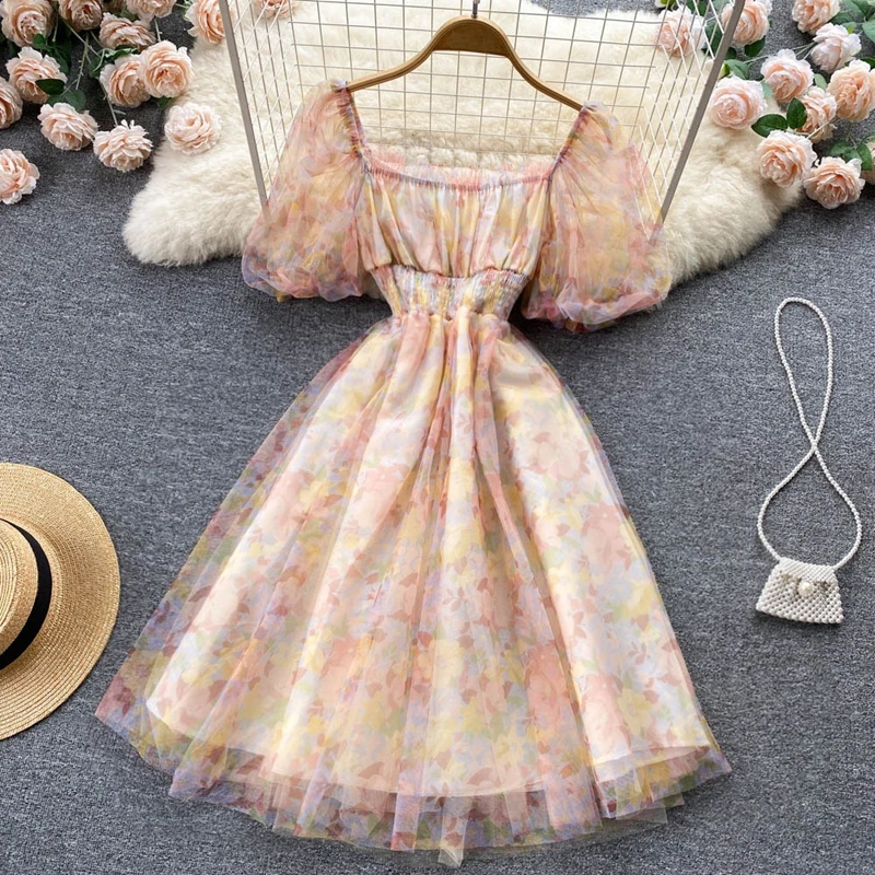 

Fresh Mesh Chiffon First Love Dress Summer New Style Floral High Waisted Sweet Short Fairy Dress