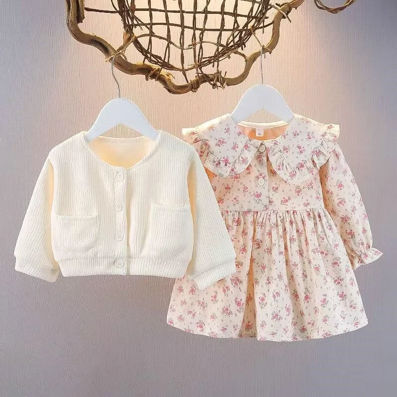 

Girls' Knitted Jacket and Floral Skirt Set, Spring and Autumn Fashionable Dress for Little Girls