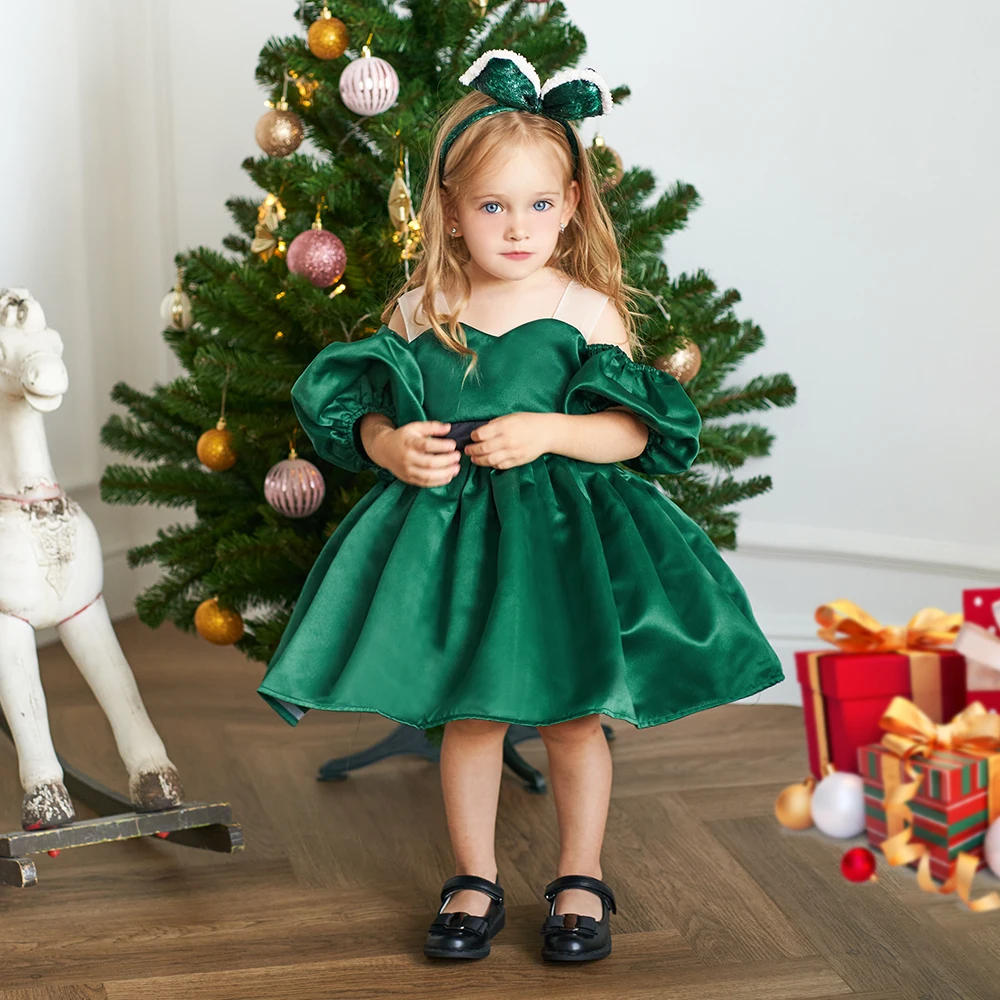 Baby Christmas Dress For Girls Toddler 1 Year Birthday Wedding Party Dresses Lantern Sleeve Girl Princess Green Xmas Costumes