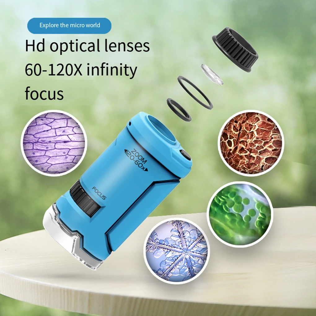 Kid Pocket Microscope Science Experiment Toy Kit 60-120x Educational Mini Handheld Microscope with Light Children Christmas Gift