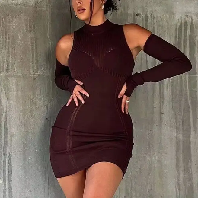 

Fashion Knitted Women Dress Sexy Perspective Tight Splicing Long Sleeve Package Hip Skirt Hollow Out Mesh Bodycon Dress Ladies