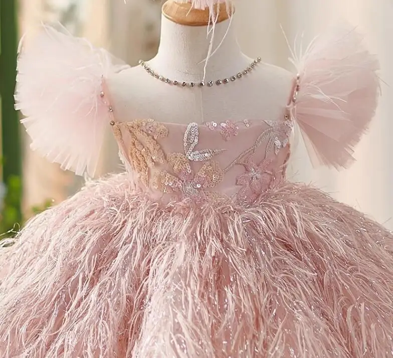 Girls Pink Princess Ball Gown Children Cute Bow Tassels Design Birthday Party Wedding Performances Dress g126