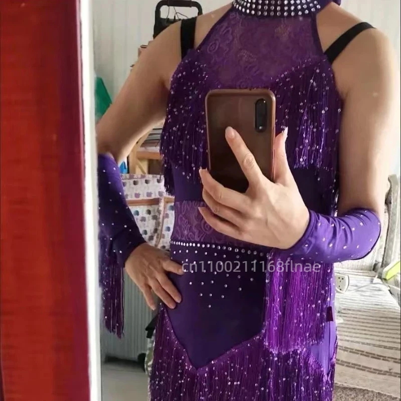 يسلط الضوء على فستان الرقص اللاتيني فستان شرابة، مجموعة أداء مسابقة الرقص في قاعة الرقص، زي أداء الإناث البالغات #6