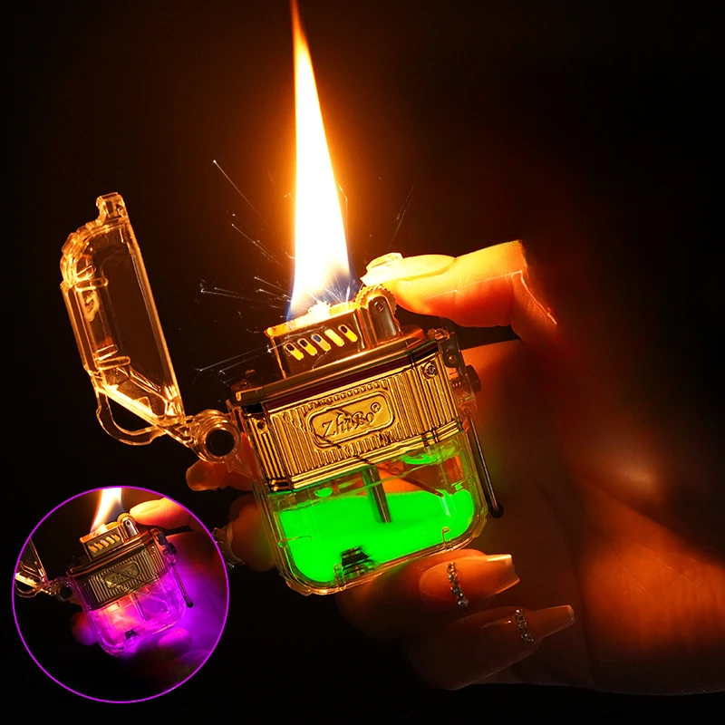 New Waterproof Kerosene Lighter Personality Transparent Shell Fashion Kerosene Grinding Wheel Lighter Creative Gift for Men