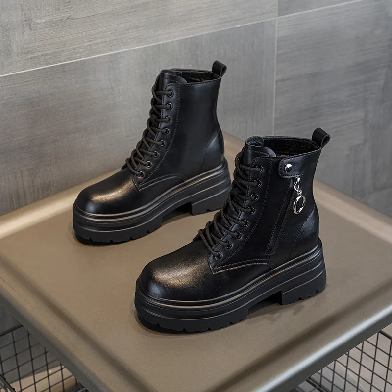 Platform Combat Boots For Women With Lace Up And Side Zipper Design Round Toe Chunky Heel Non Slip Sole Comfortable Casual Daily