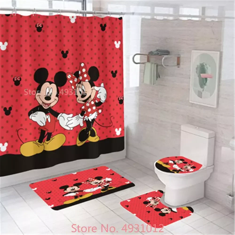 Disney Red Mickey Minnie Mouse Love Bath Shower Curtain Set 4pcs with Hooks Cartoon Decor Waterproof Bathroom Toilet Mat Lid