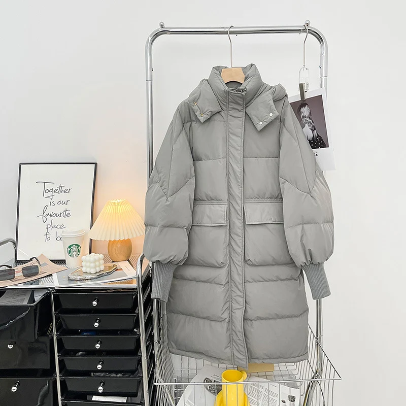 Schinteon Women White Duck Down Jacket with Hood Autumn Winter Warm Outwear Casual Over Size Loose Knitting Patchwork Coat 2023