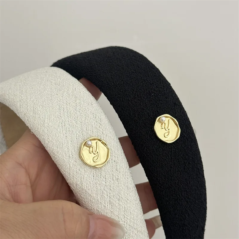 Y Letter Pearl Gold Button Wide Edition Fragrant Style Retro Metal Ornament Hair Hoop Press Headband New Hair Accessories