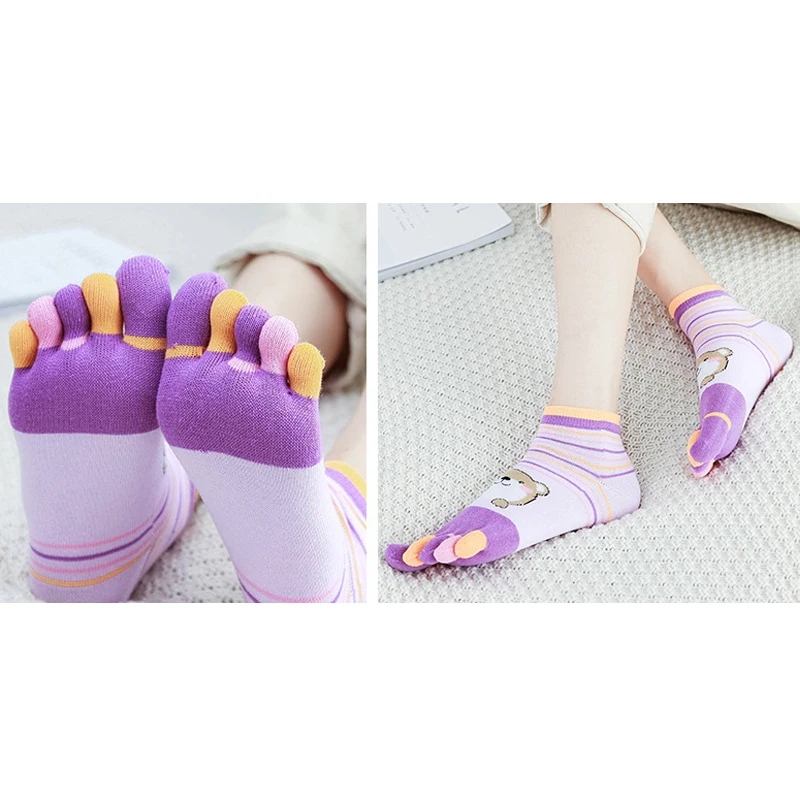 5 Pairs Cute Toe Socks Women Girl Cotton Striped Rabbit Bear Bright Color Young Casual Fashion 5 Finger Happy Socks Invisible