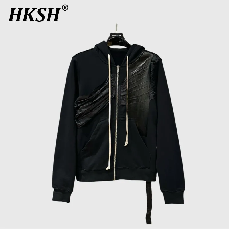 HKSH Spring Autumn New Men Tide Dark RO Ins Sweatshirt Splice Zipper Jacket Women Hip-hop Casual Hooded Sweatshirt Hoodie HK3855