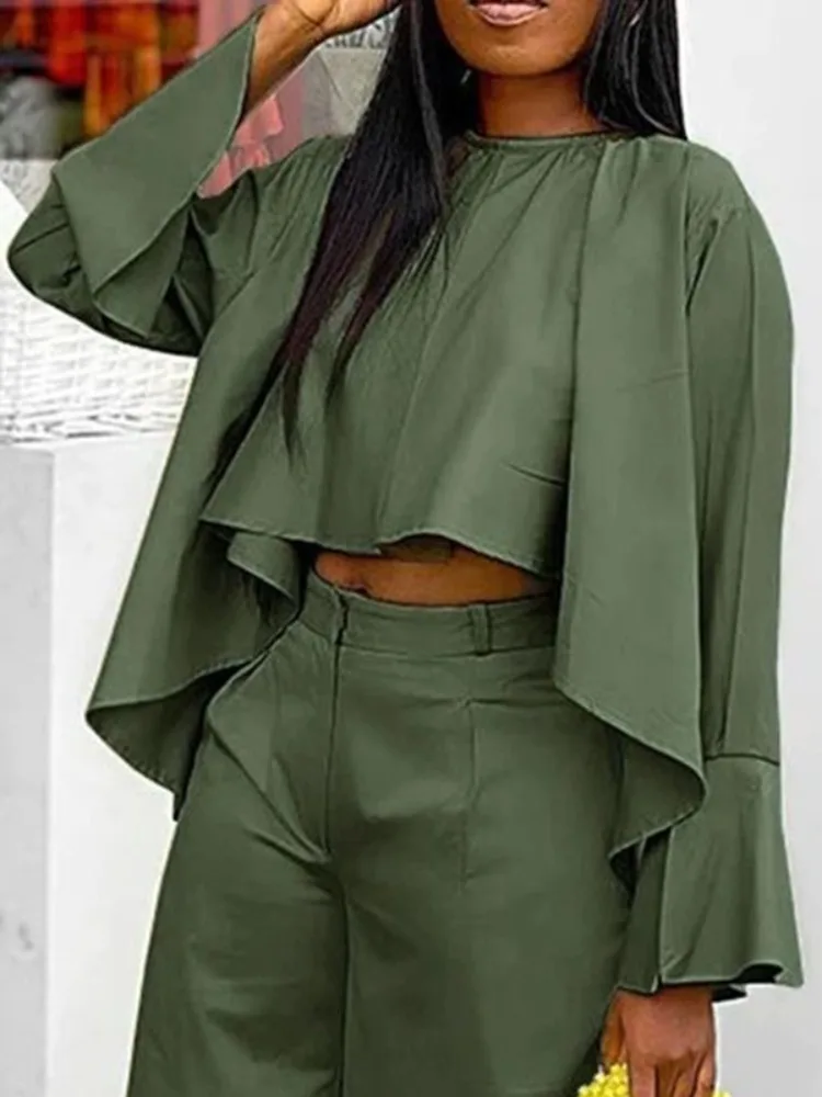 Gymystars, conjuntos de pantalones de 2 piezas para mujer, Tops informales altos y bajos, pantalones de pierna ancha plisados a la moda, trajes de oficina holgados de Color sólido para mujer