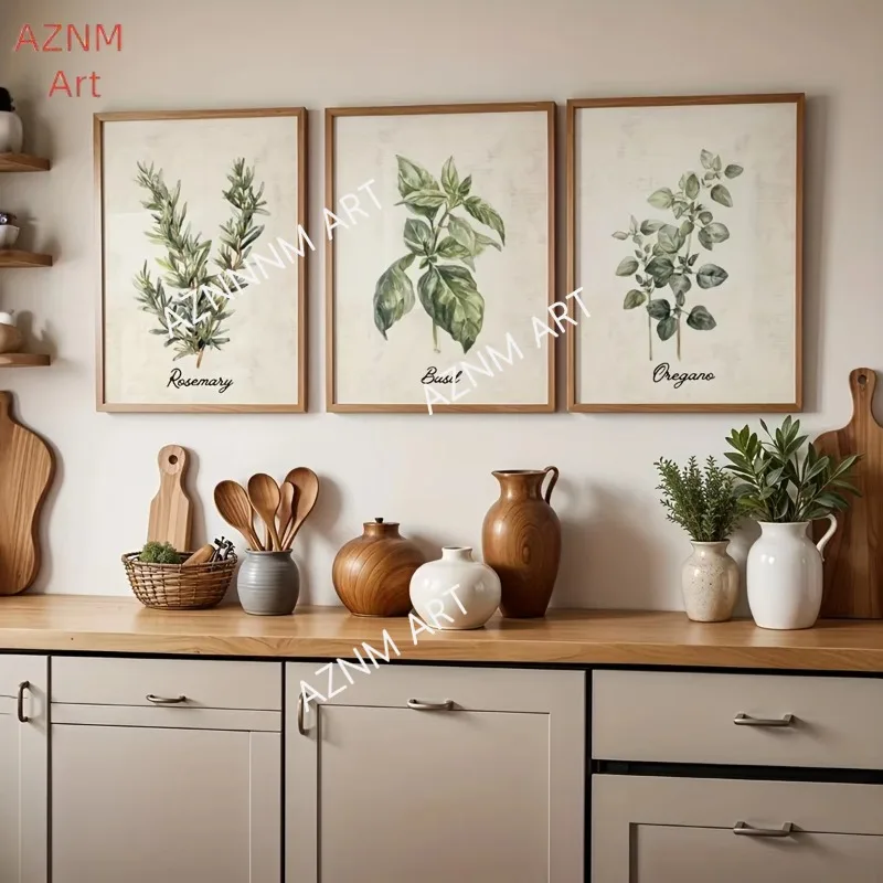 1/3pcs Watercolor Plant Herbal Canvas Print Antique Beige Kitchen Wall Art Poster for Modern Living Room Farmhouse Home Decor