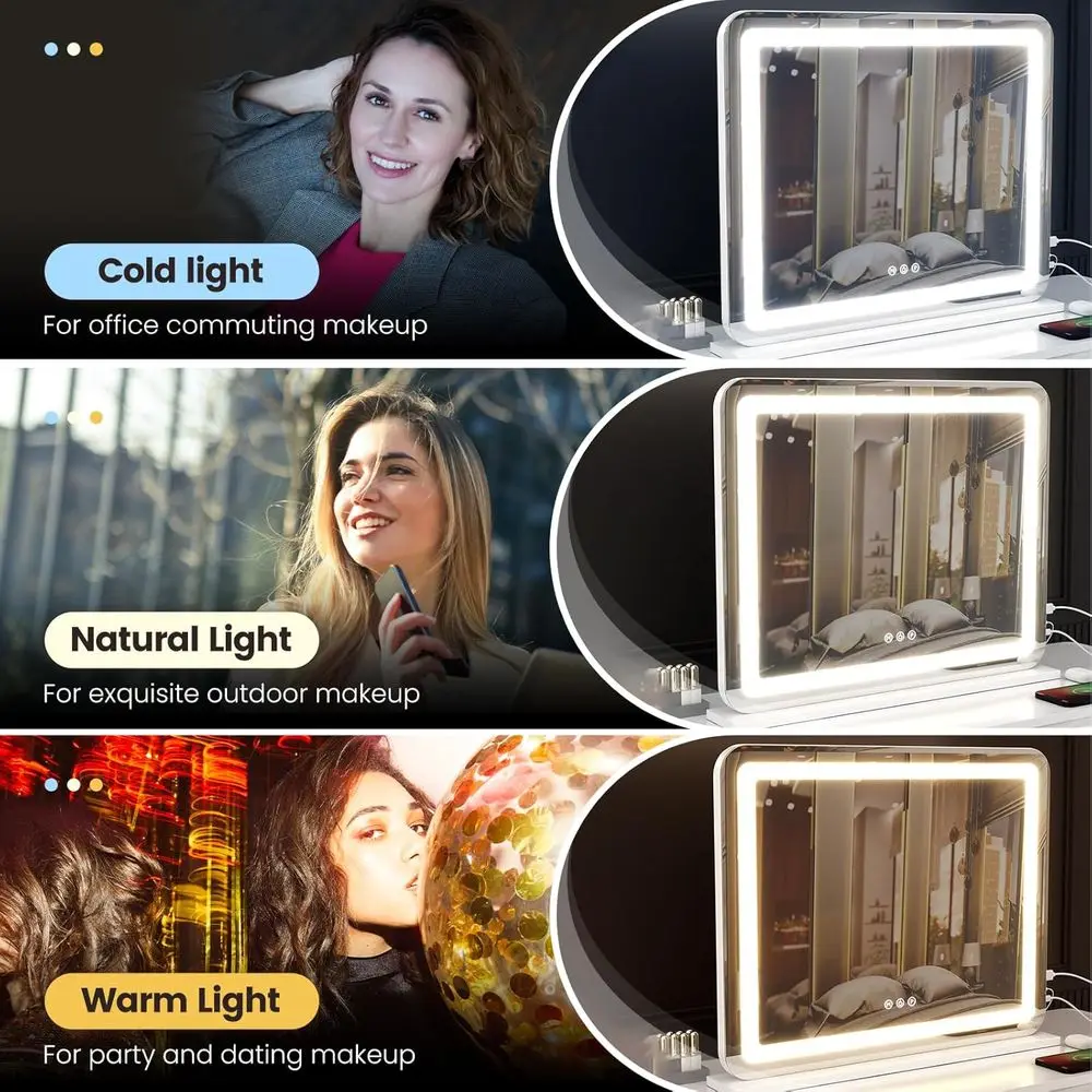 Miroir de courtoisie éclairé par LED 23x18 avec loupe 10X, 3 modes de couleur et port USB