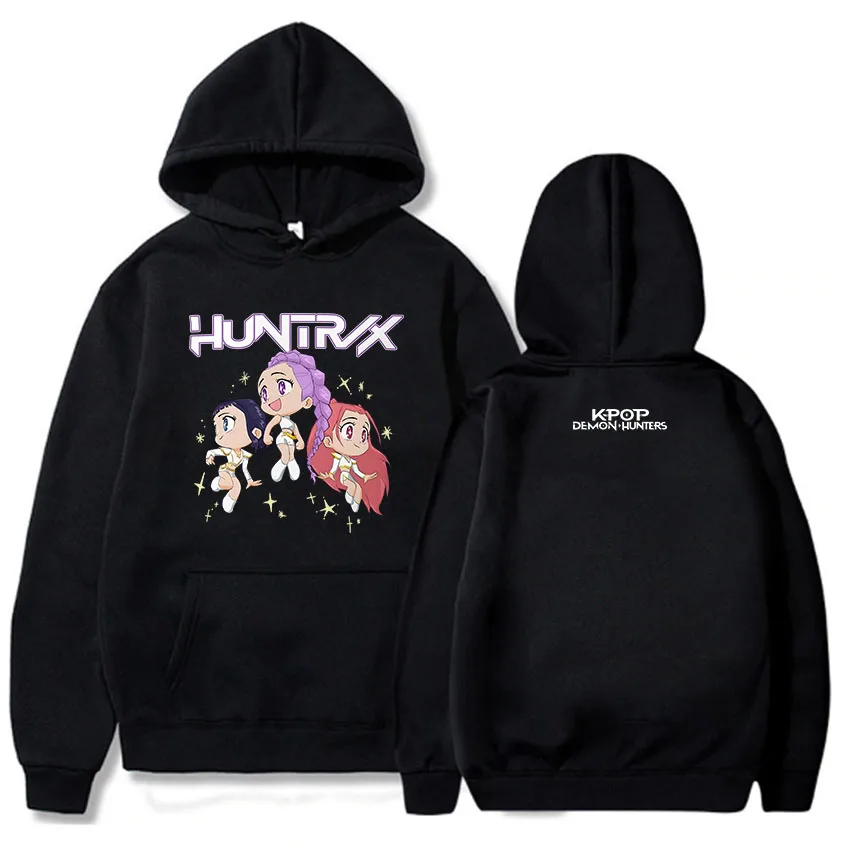 كنزات KPop Demon Hunters كما رأينا على جولة Huntrix العالمية بألوان مريحة مع قلنسوة مطبوعة برسومات فيلم 2025 بلوزات نسائية سوداديراس