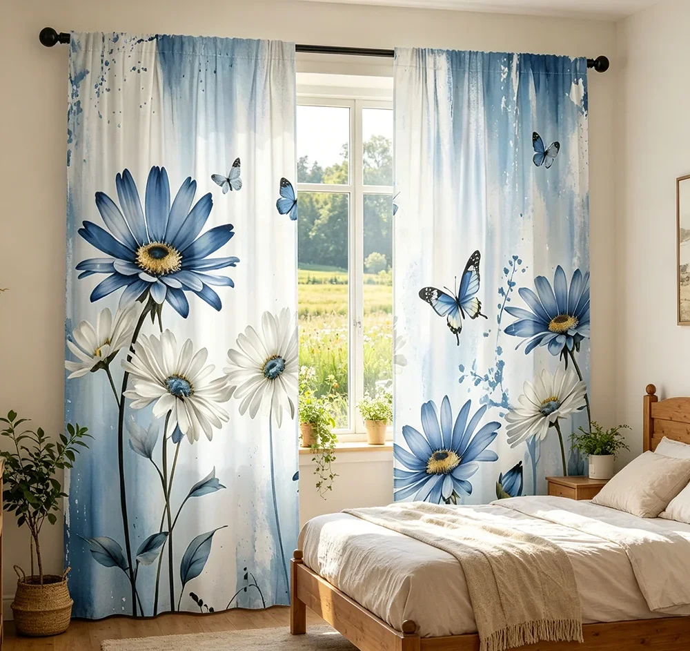 2PCS Digital Printed Curtains, Blue Chrysanthemum Butterfly Elegant Floral, Home Decor Style for Living Room Bedroom Decor