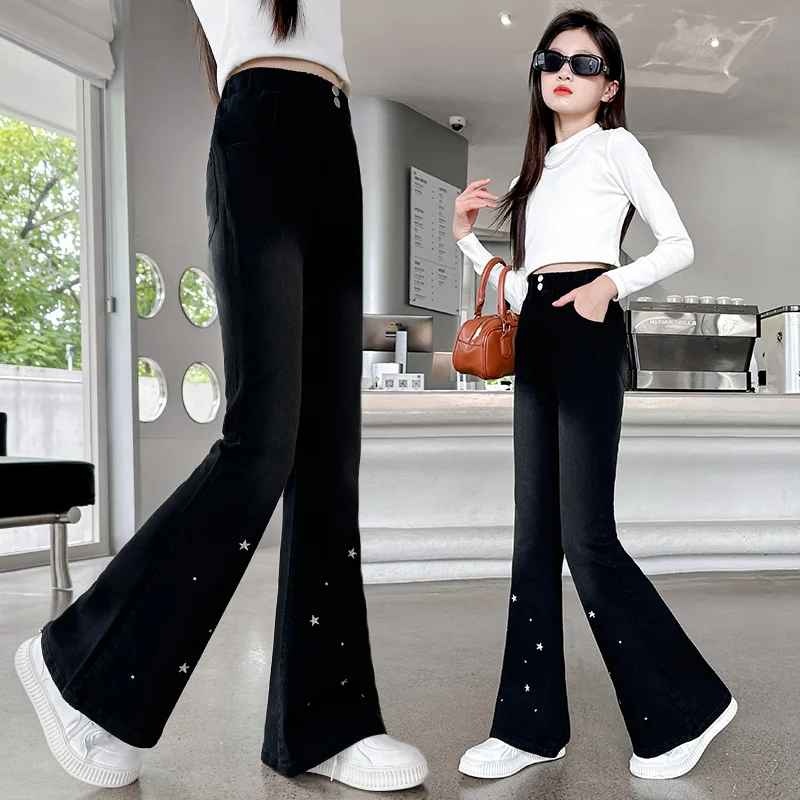 Girls' Star Embroidered Elastic Flare Pants, Children's Black Pants with Starry Sky Design, Trendy New Arrivals for Teen Girls A