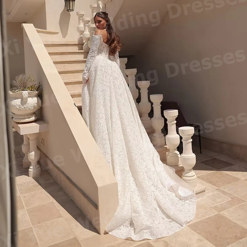 Luxurious A Line Women's Wedding Dresses Lace Off Shoulder Long Sleeve Vestidos Boda Bride Gowns Customized Vestidos De Novia