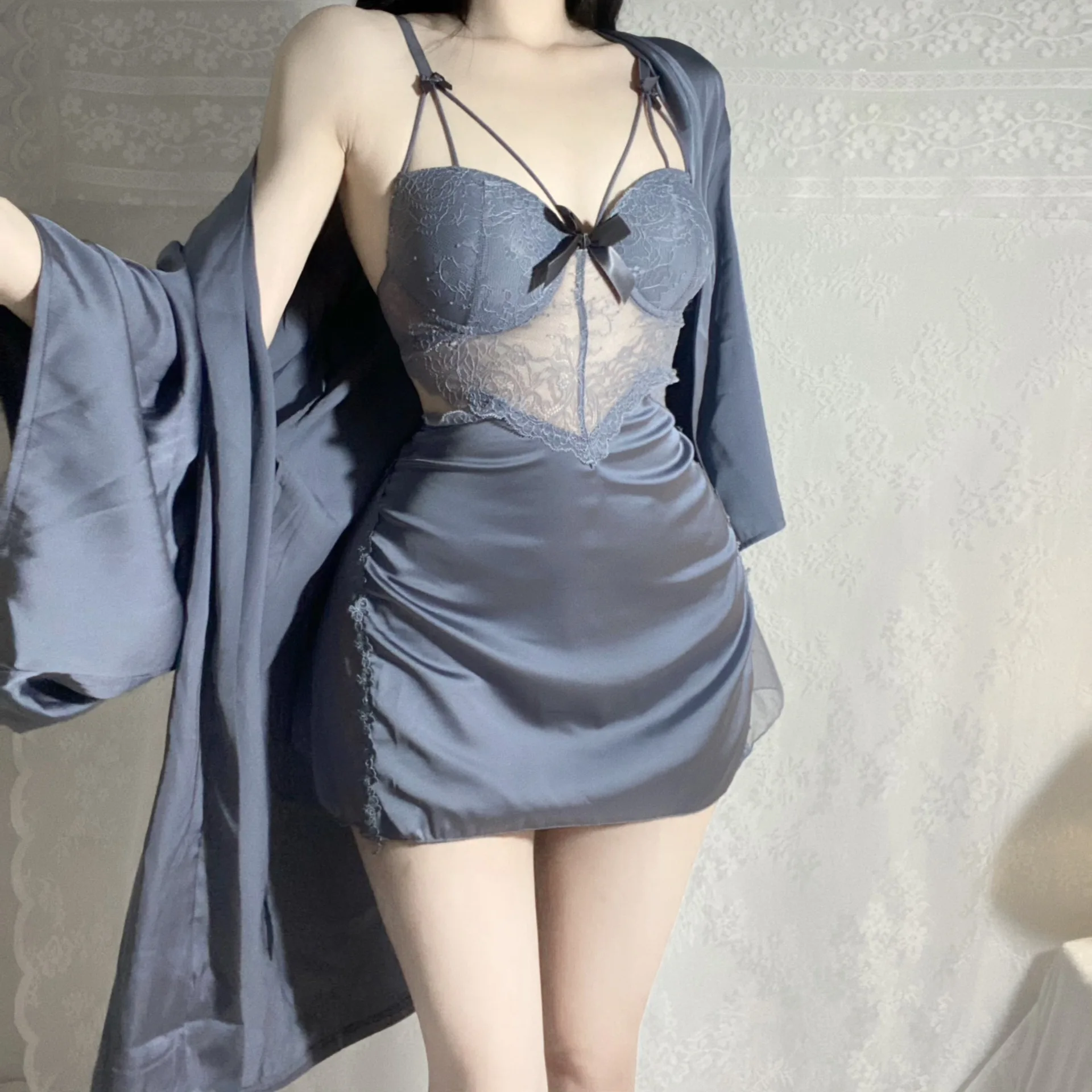 Sexy Patchwork Lace 2PCS Robe Nightgown Set Backless Suspender Nightdress Lingerie Spring Summer Satin Nightwear Loose Home Wear