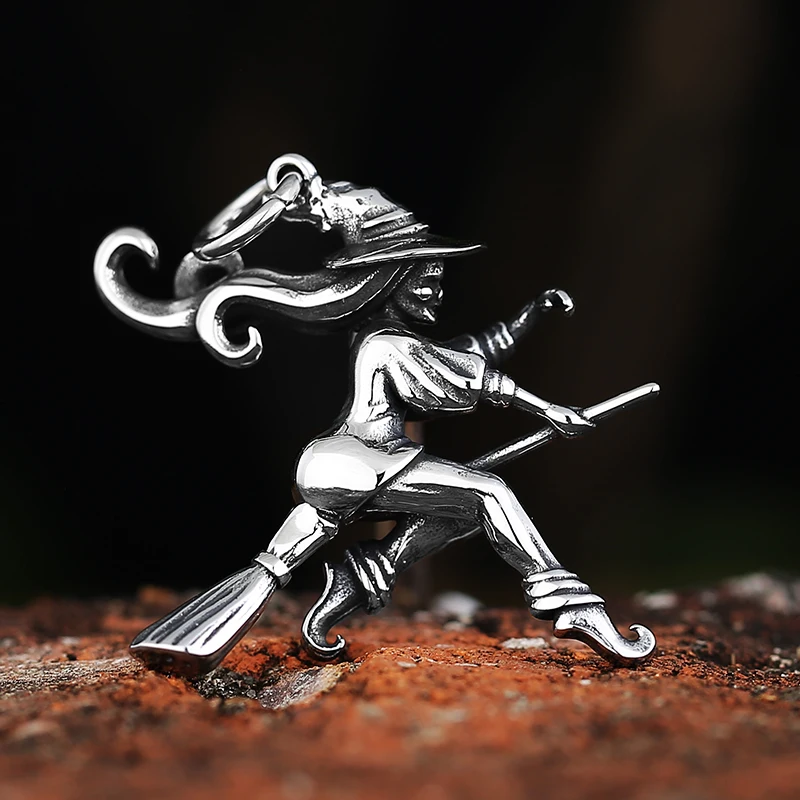 316L Stainless Steel Witch On Broomstick Halloween Charm Pendants For Jewelry Making Magician Pendants Charm Wizard Couple Gift