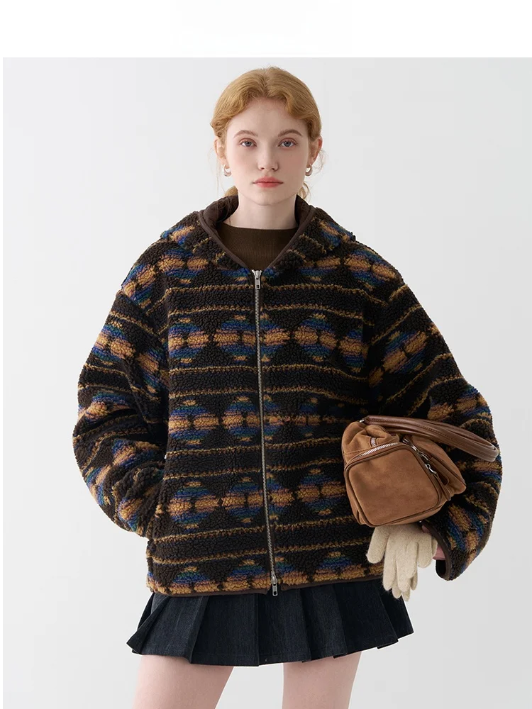 

Американское ретро-пальто Jiujiu с цветочным узором из овечьей шерсти, женское зимнее повседневное хлопковое пальто свободного кроя с капюшоном, полиэстер