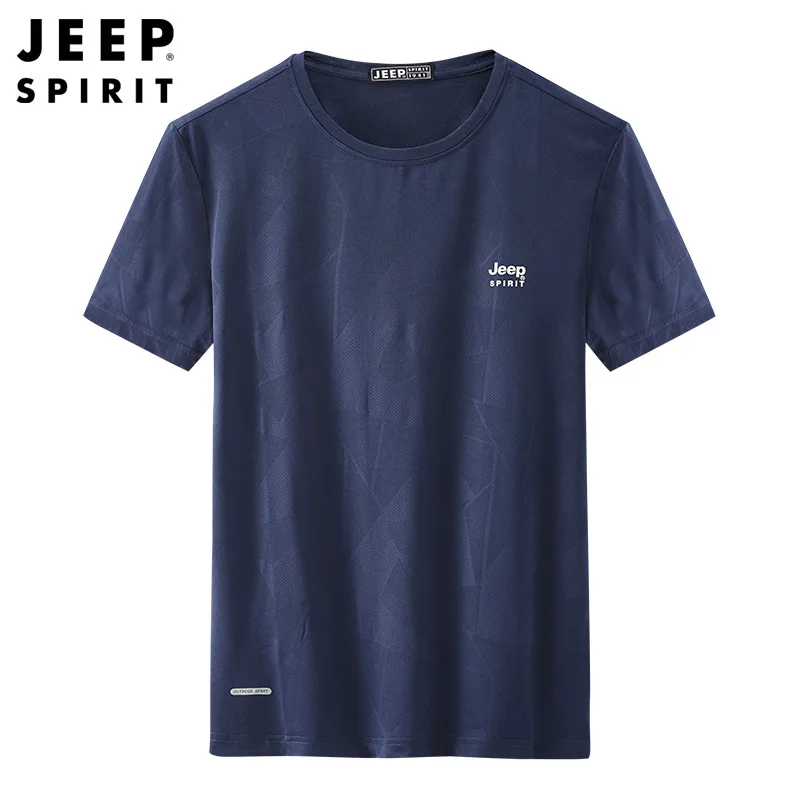 JEEP SPIRIT New Summer Short Sleeve Men Simple Round Neck Ice Silk T-shirt Mens Comfortable Breathable Sports Casual Bottom Top