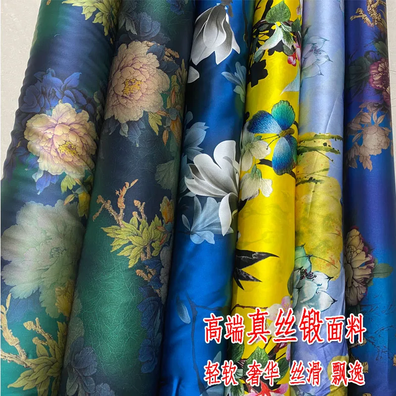 

19momme Silk Stretch Satin Clothing Cloth Plant Flower Printed Skirt Shirt Cheongsam Fabric